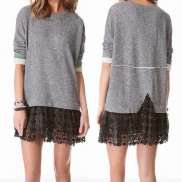 FP Beach Dresses & Skirts - Free People Beach Gray Sweater Mini dress with Black Lace Hem size XS
